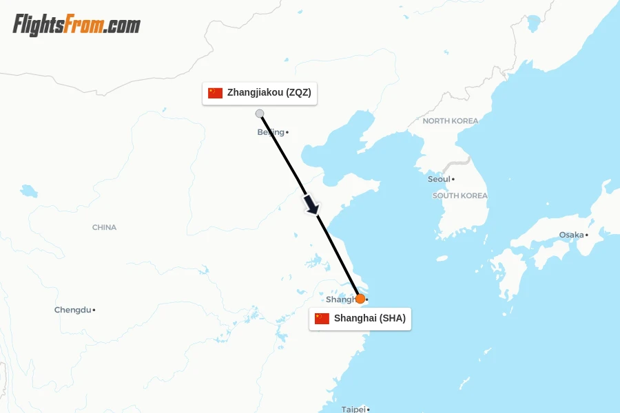 Flights from Zhangjiakou to Shanghai route map
