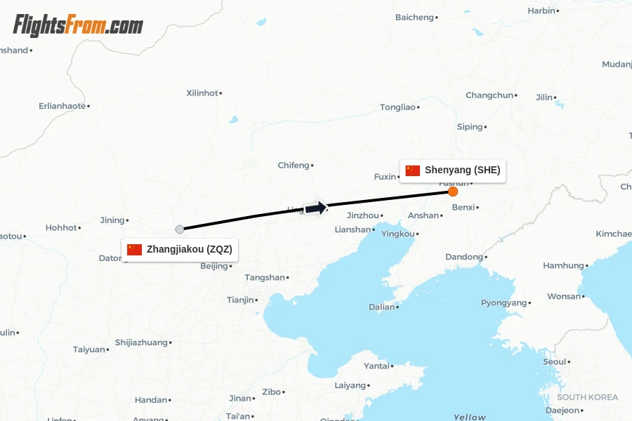 Flights from Zhangjiakou to Shenyang route map