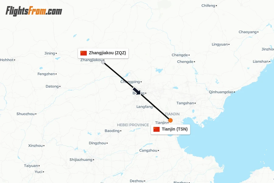 Flights from Zhangjiakou to Tianjin route map