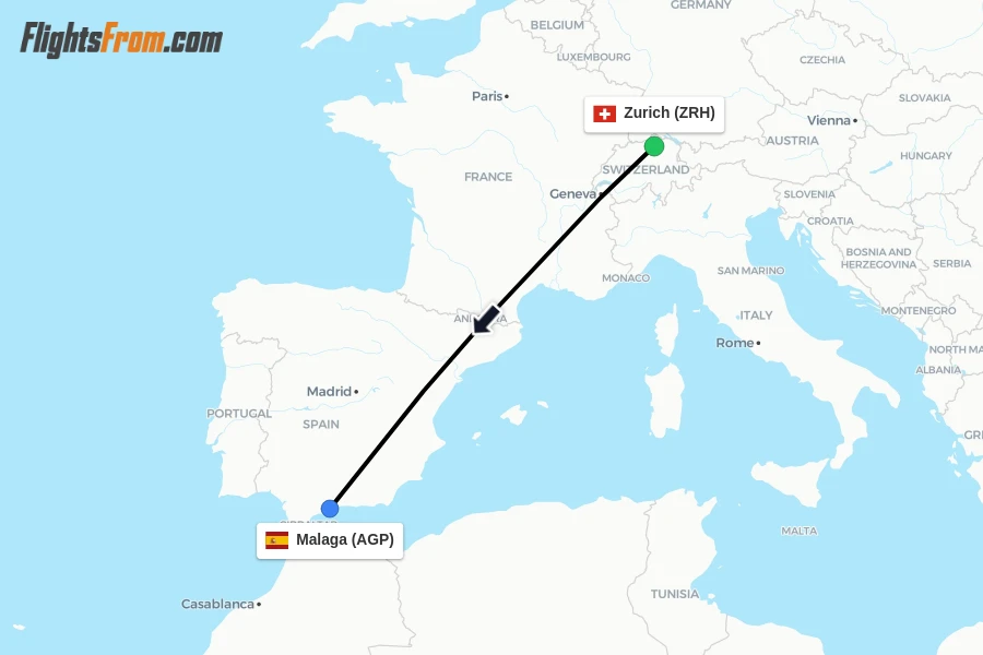 Flights from Zurich to Malaga route map