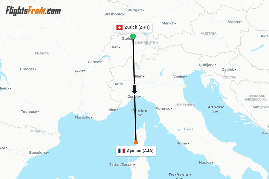 Flights from Zurich to Ajaccio route map