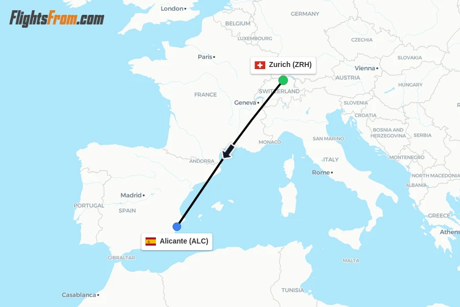 Flights from Zurich to Alicante route map