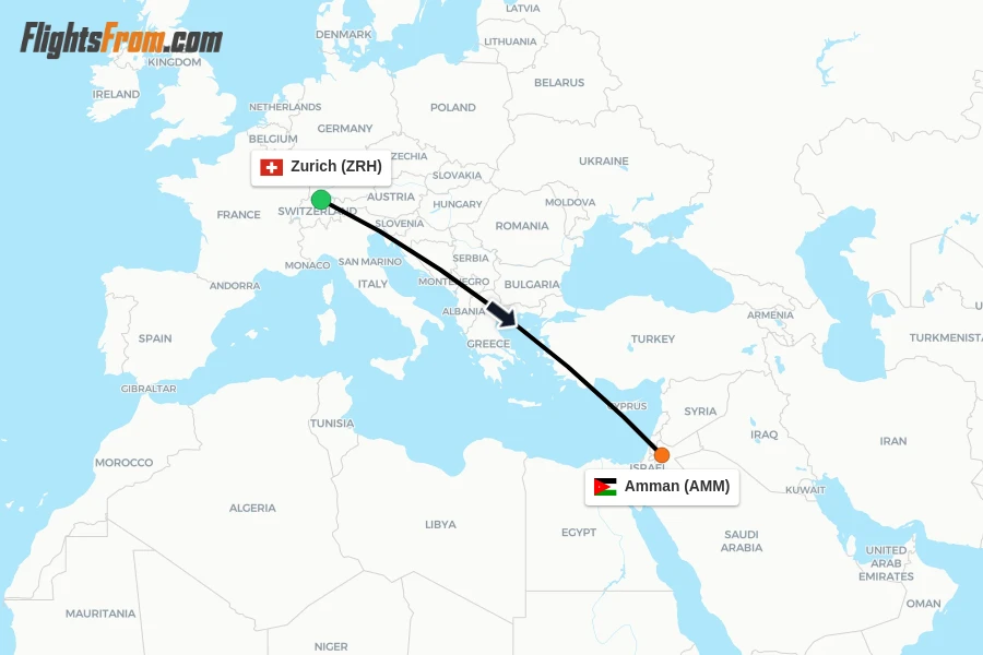 Flights from Zurich to Amman route map