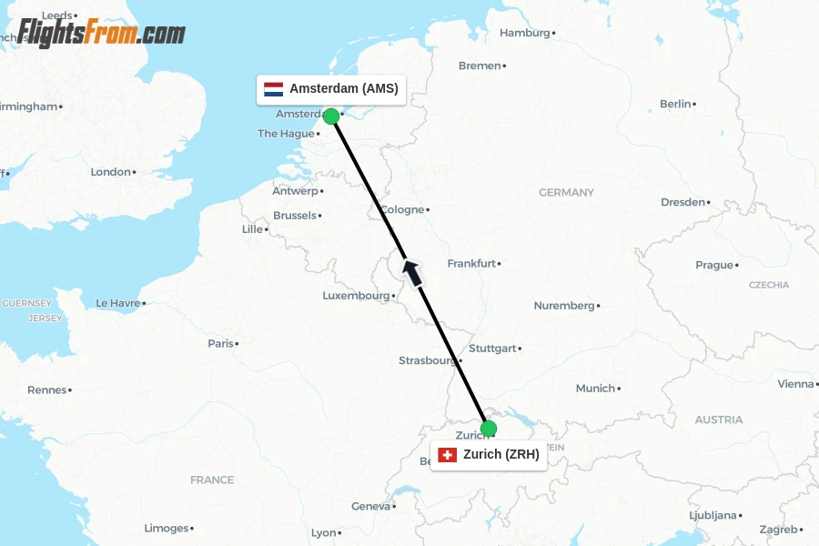 Flights from Zurich to Amsterdam route map