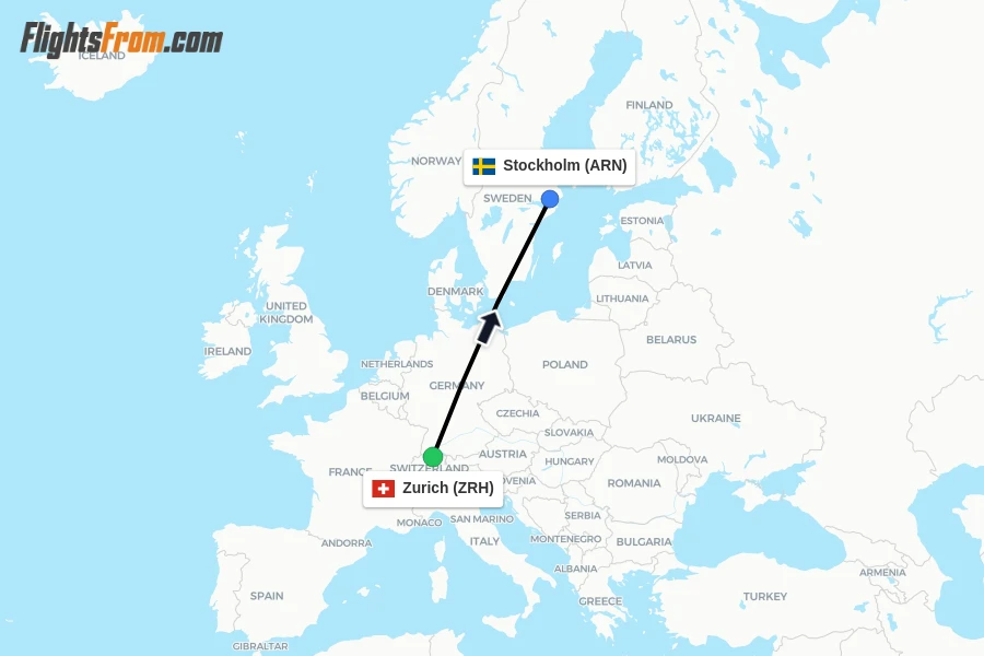 Flights from Zurich to Stockholm route map