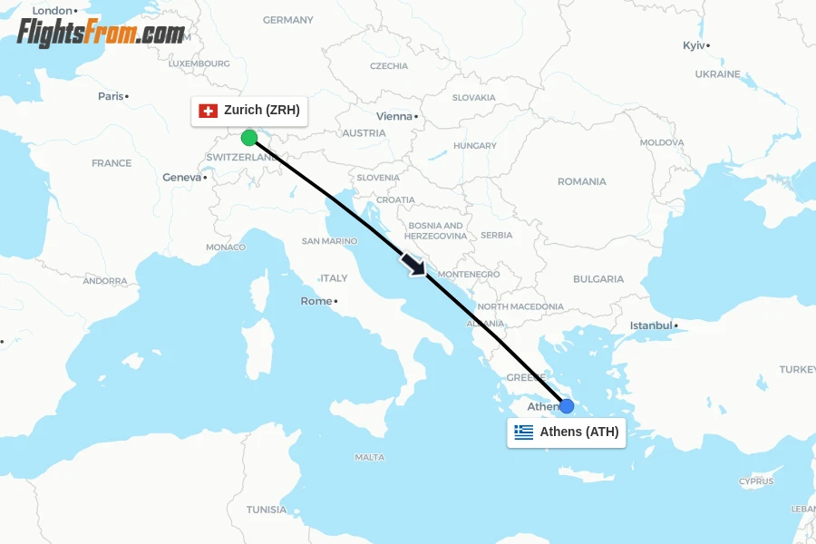 Flights from Zurich to Athens route map