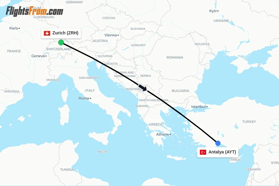 Flights from Zurich to Antalya route map