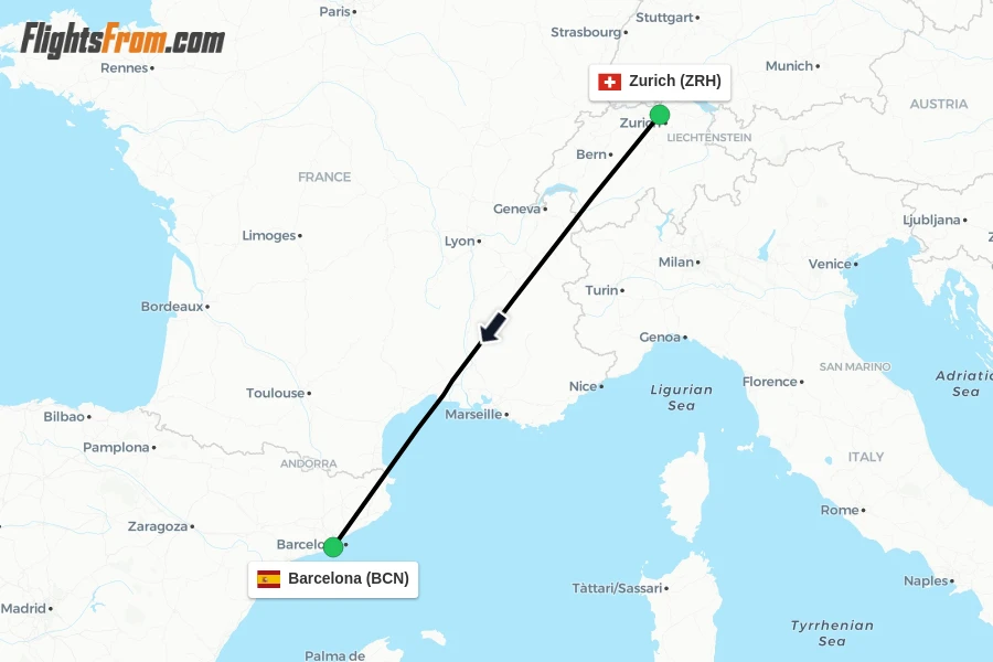 Flights from Zurich to Barcelona route map