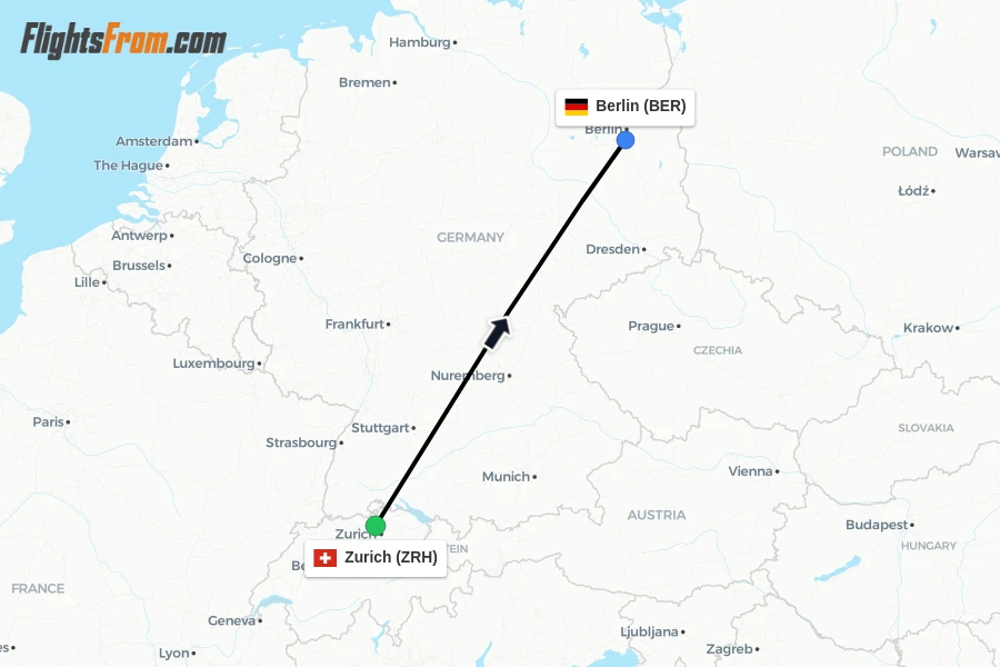 Flights from Zurich to Berlin route map
