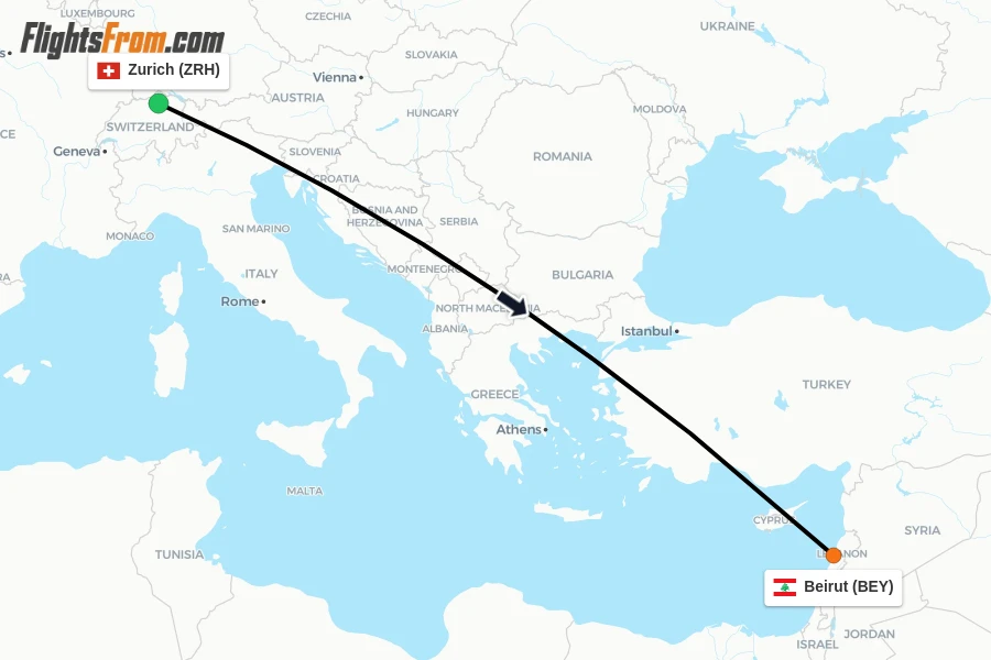 Flights from Zurich to Beirut route map