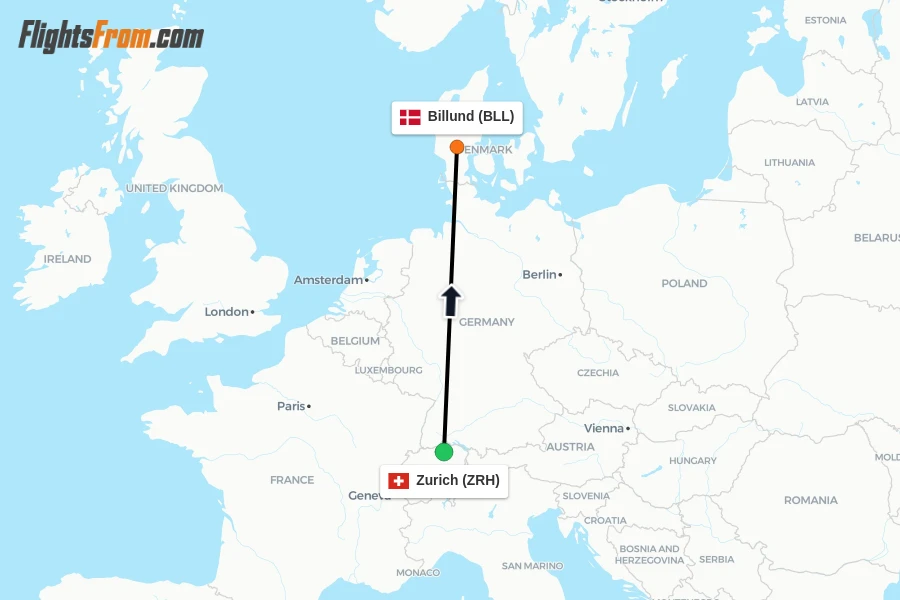 Flights from Zurich to Billund route map