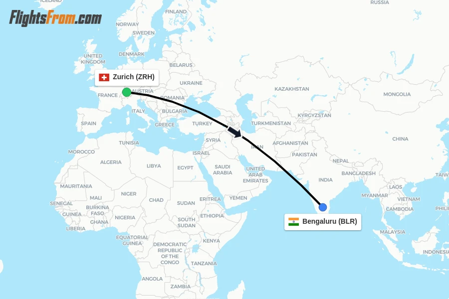 Flights from Zurich to Bengaluru route map
