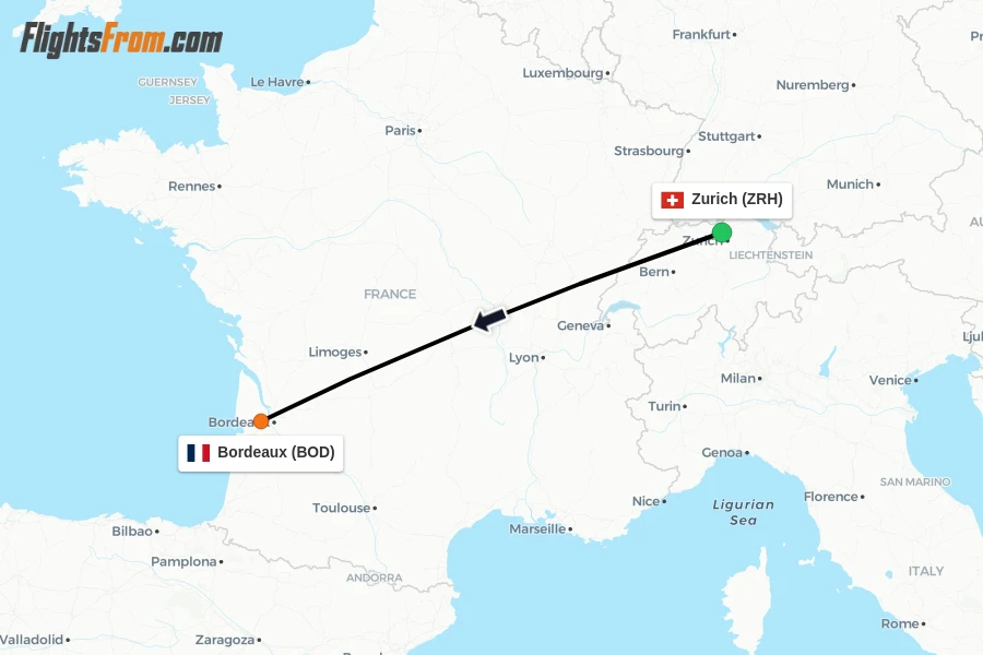 Flights from Zurich to Bordeaux route map