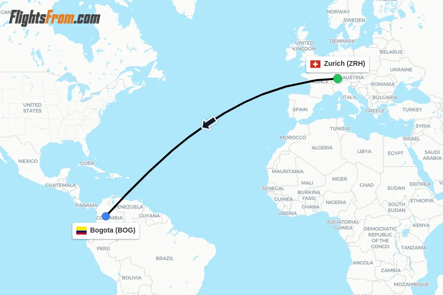 Flights from Zurich to Bogota route map