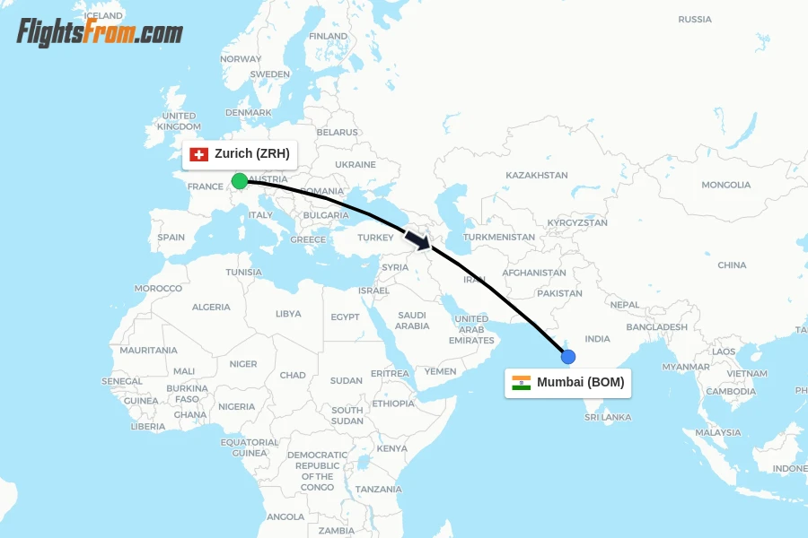 Flights from Zurich to Mumbai route map