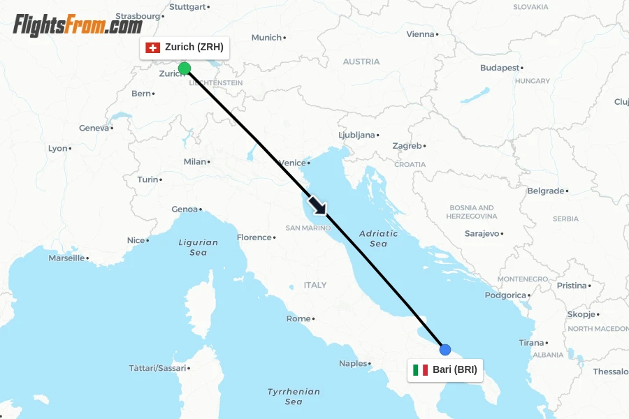 Flights from Zurich to Bari route map