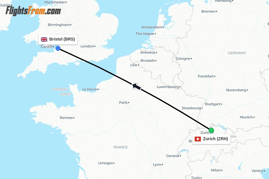 Flights from Zurich to Bristol route map