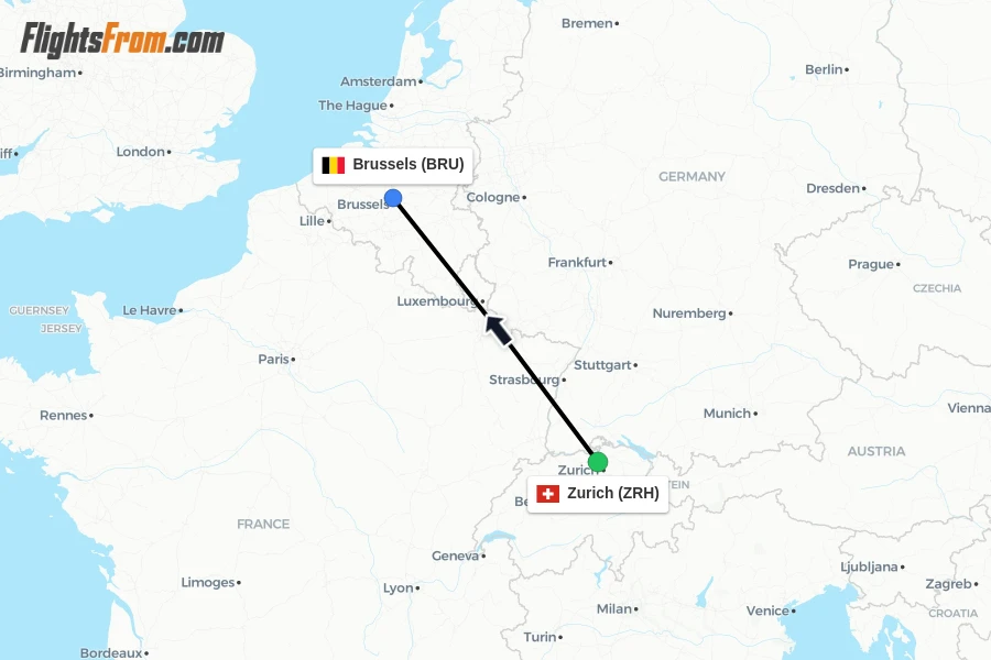 Flights from Zurich to Brussels route map