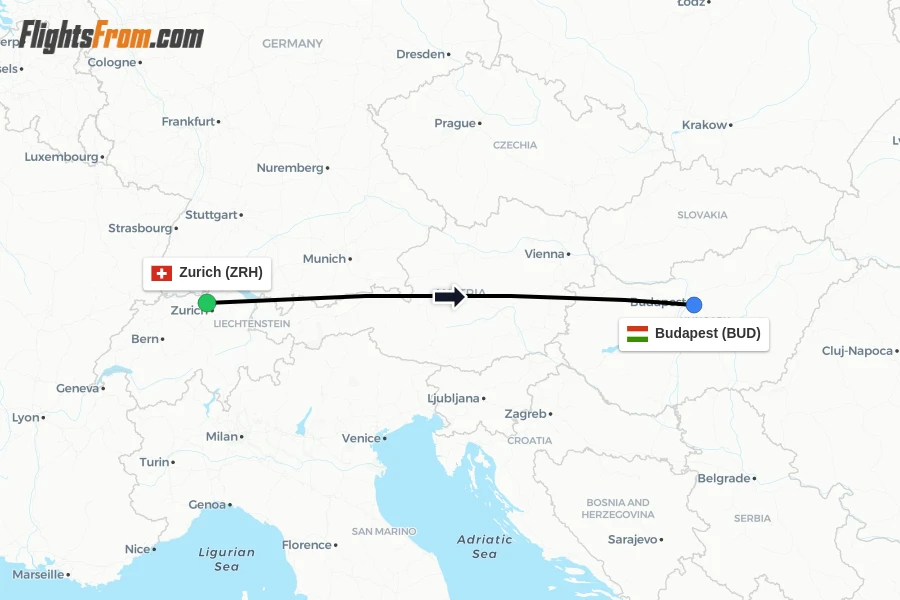 Flights from Zurich to Budapest route map