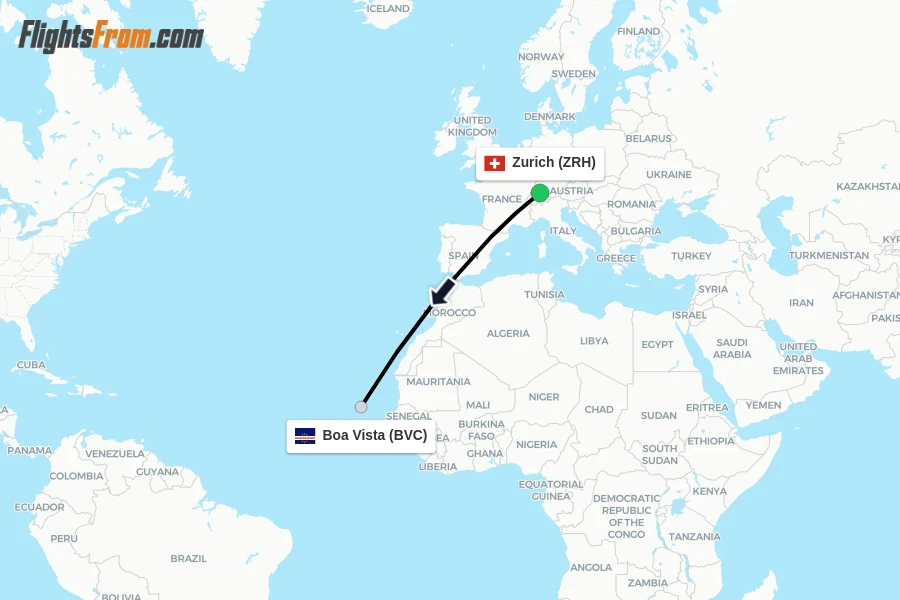 Flights from Zurich to Boa Vista route map