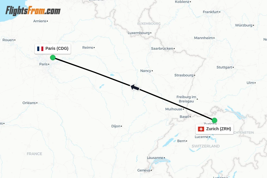 Flights from Zurich to Paris route map