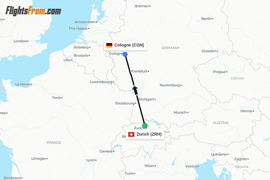 Flights from Zurich to Cologne route map