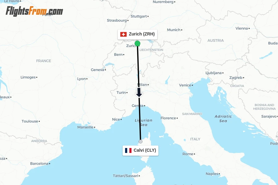 Flights from Zurich to Calvi route map