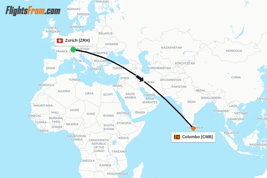 Flights from Zurich to Colombo route map