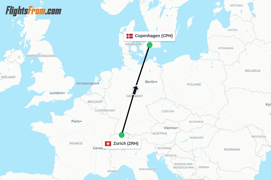 Flights from Zurich to Copenhagen route map