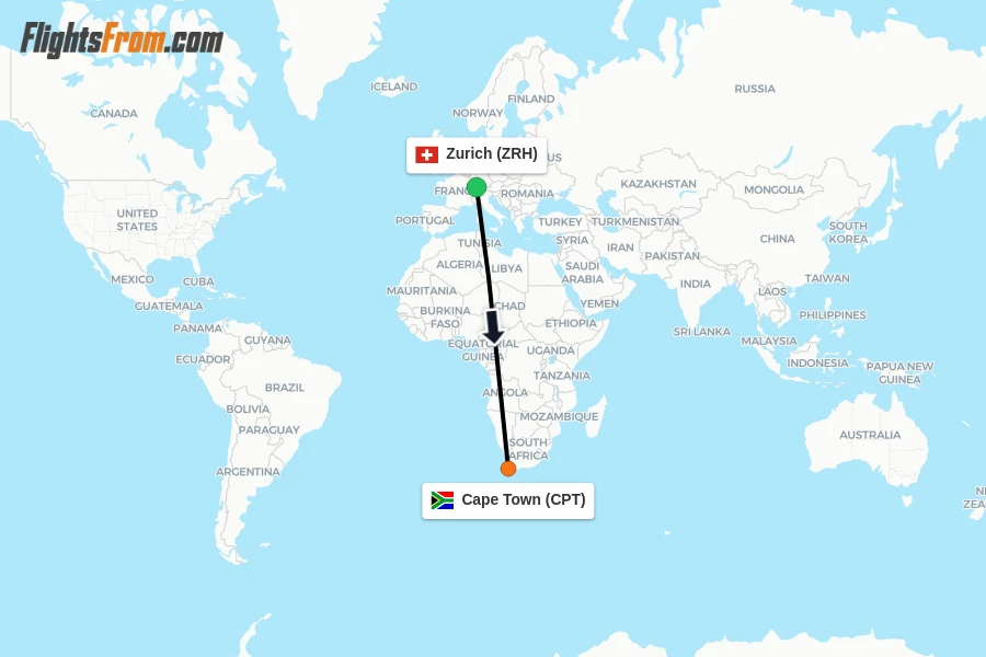 Flights from Zurich to Cape Town route map
