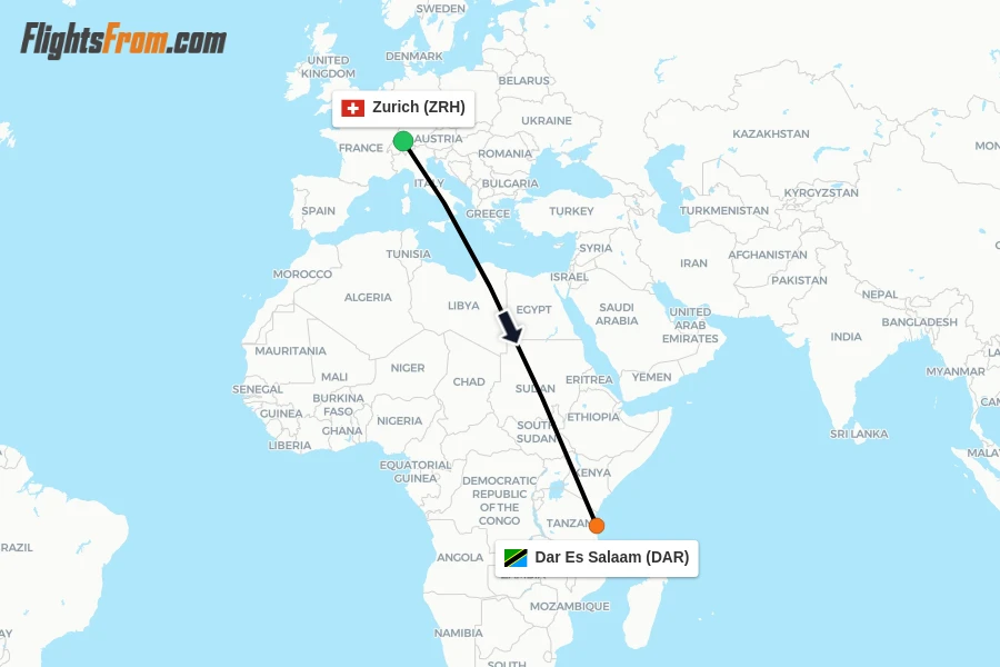 Flights from Zurich to Dar Es Salaam route map
