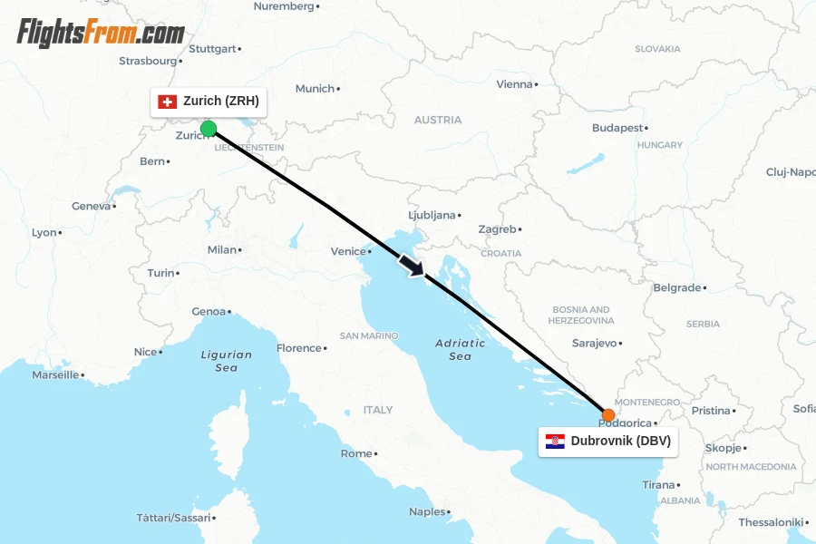 Flights from Zurich to Dubrovnik route map