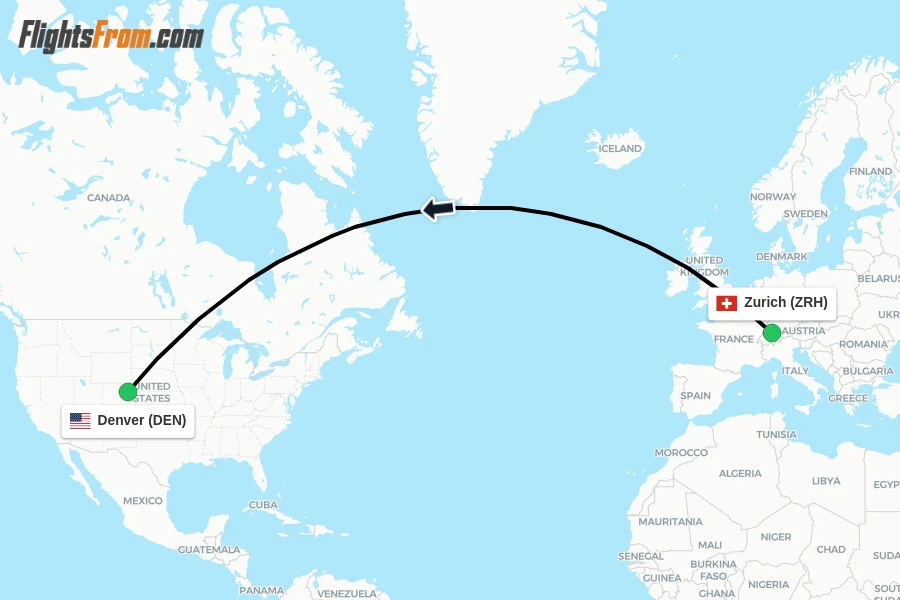 Flights from Zurich to Denver route map