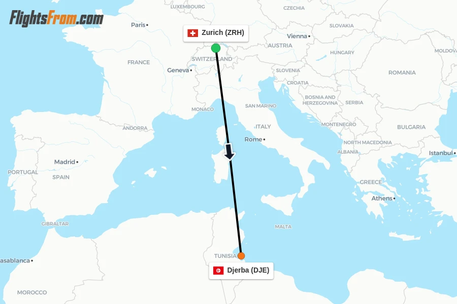 Flights from Zurich to Djerba route map