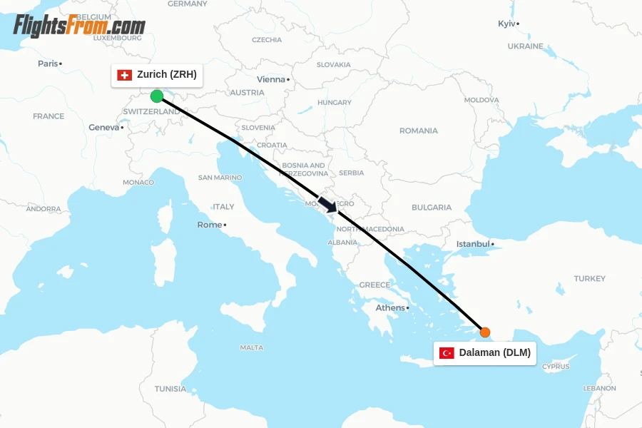 Flights from Zurich to Dalaman route map