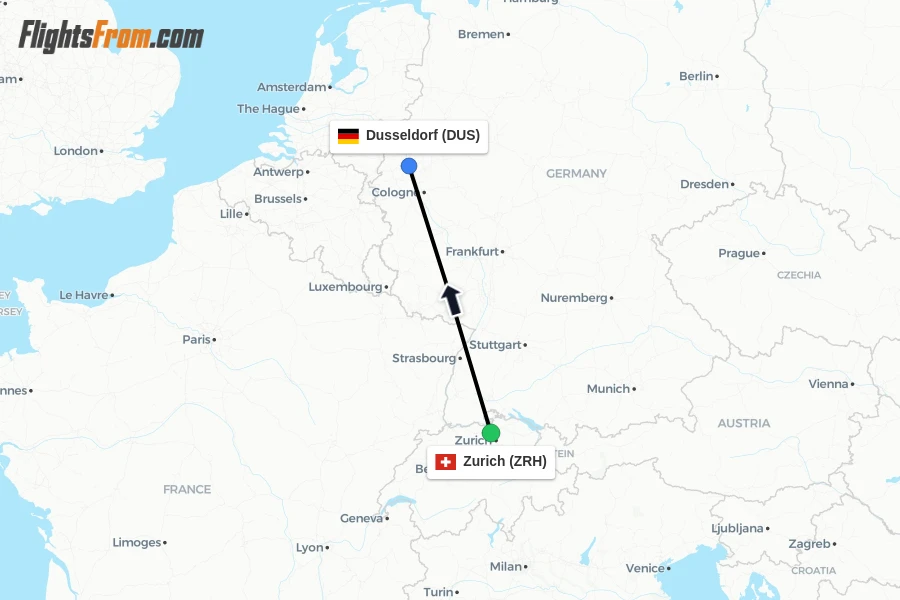 Flights from Zurich to Dusseldorf route map