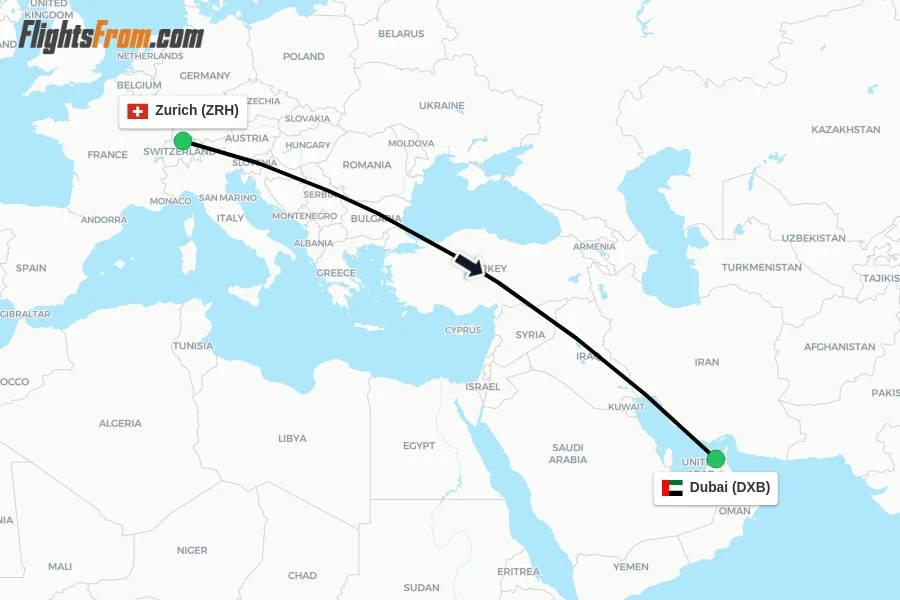 Flights from Zurich to Dubai route map