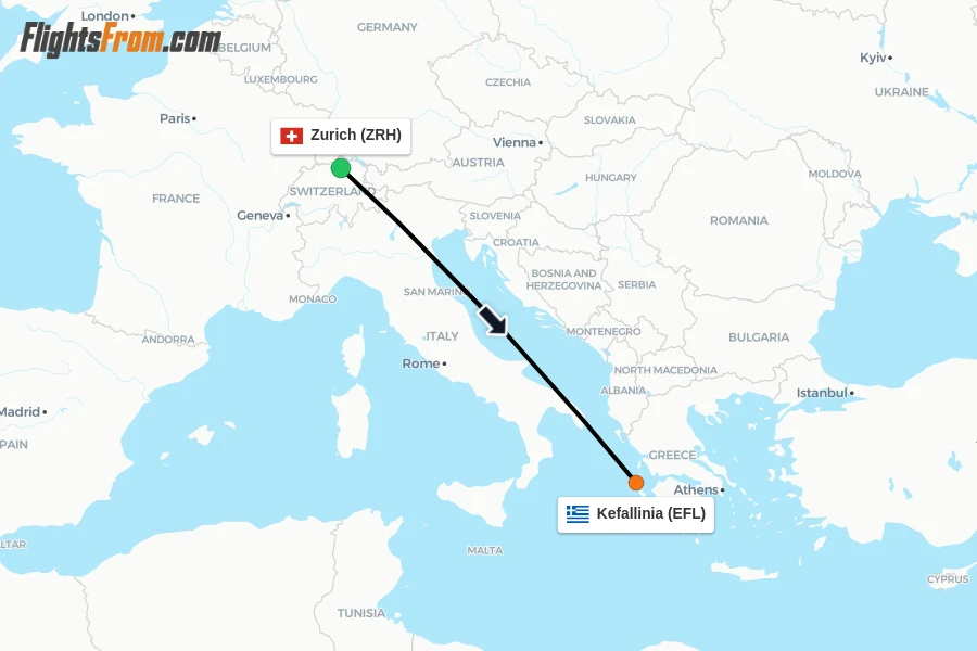 Flights from Zurich to Kefallinia route map