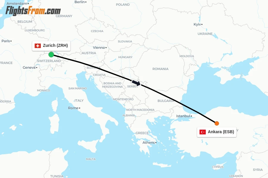 Flights from Zurich to Ankara route map