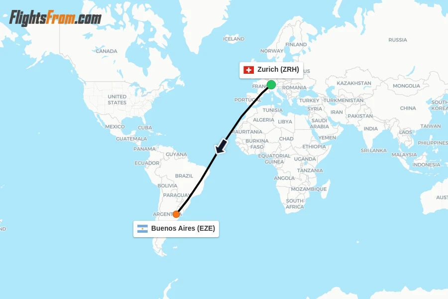 Flights from Zurich to Buenos Aires route map
