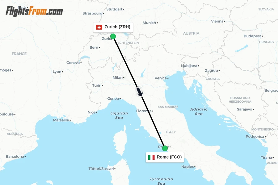 Flights from Zurich to Rome route map