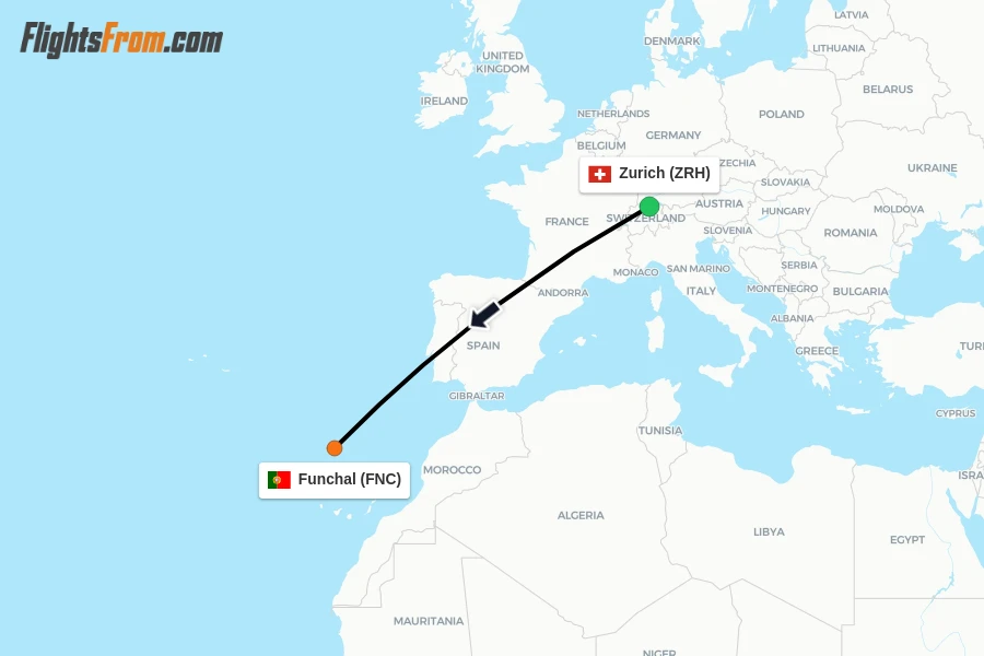 Flights from Zurich to Funchal route map