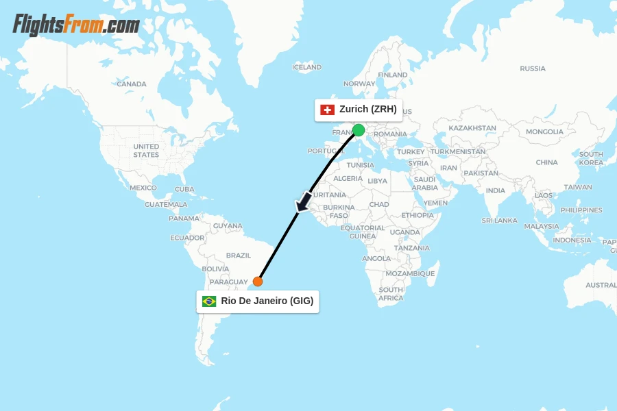 Flights from Zurich to Rio De Janeiro route map