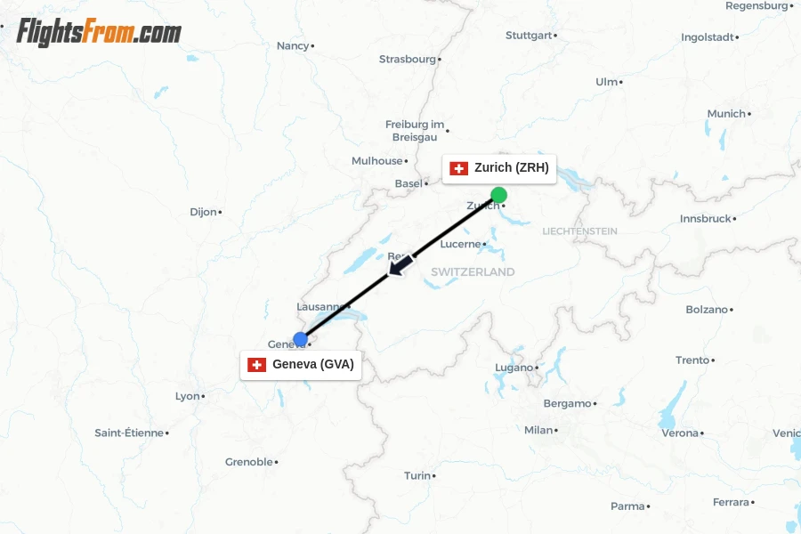 Flights from Zurich to Geneva route map