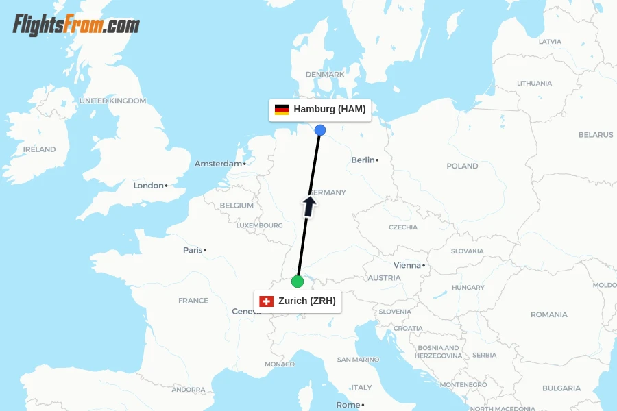 Flights from Zurich to Hamburg route map