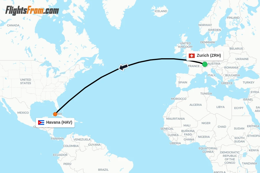 Flights from Zurich to Havana route map