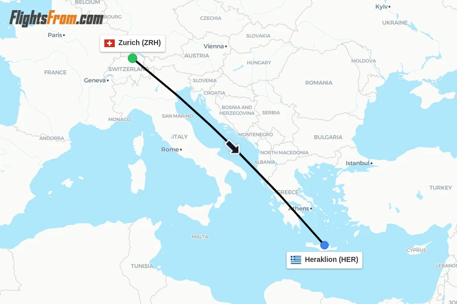 Flights from Zurich to Heraklion route map