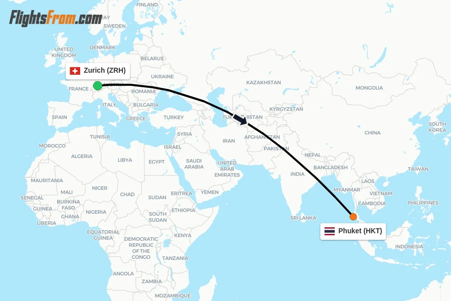 Flights from Zurich to Phuket route map