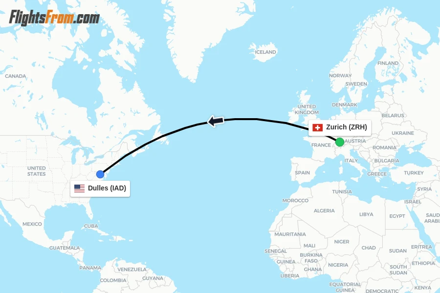 Flights from Zurich to Dulles route map