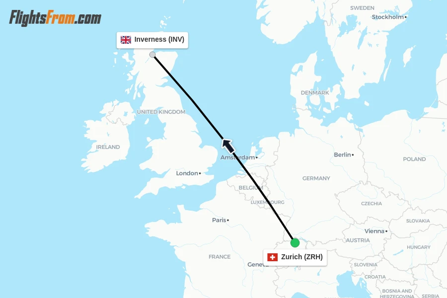 Flights from Zurich to Inverness route map